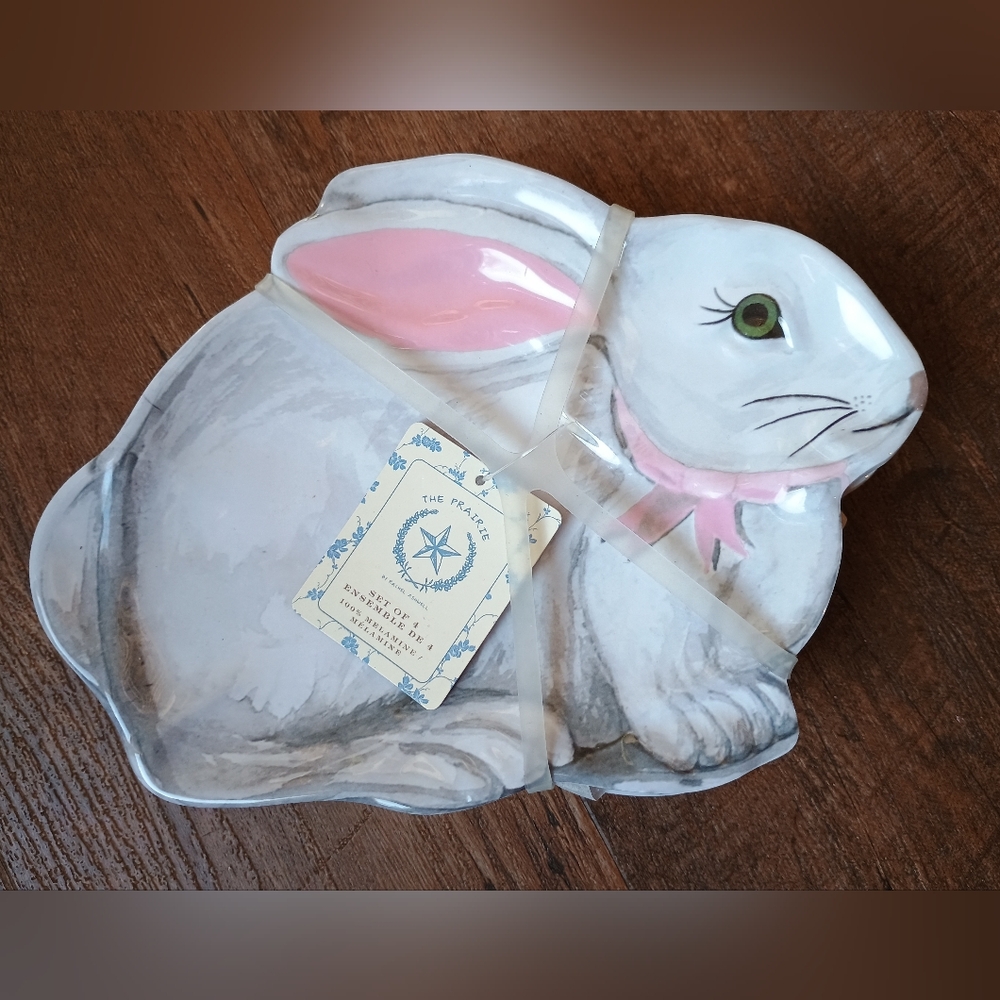 THE PRAIRIE Bunny Easter Melamine Plates Set (4) Rabbit Shaped Figural Dish NEW